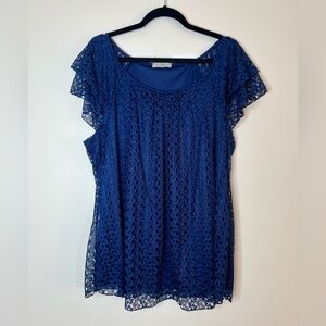 Roz Ali Womens Blue Lace Overlay Top Lined Plus Size 2X Flutter Sleeve Dressy